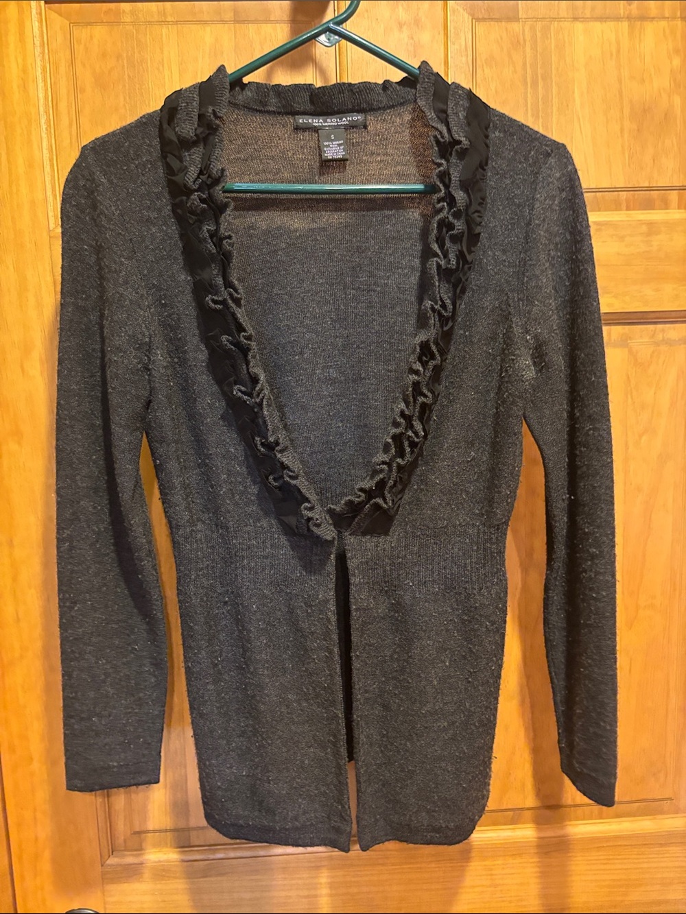 Ruffle-Trim Open Cardigan in Dark Gray Wool